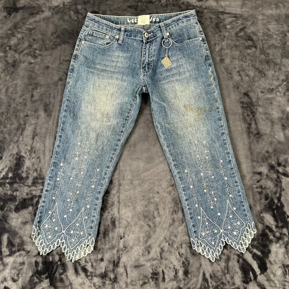 Lecmo USA Capri Jeans‎ Womens 7/8 Blue Embroidered Scalloped Hem Sequin Y2K